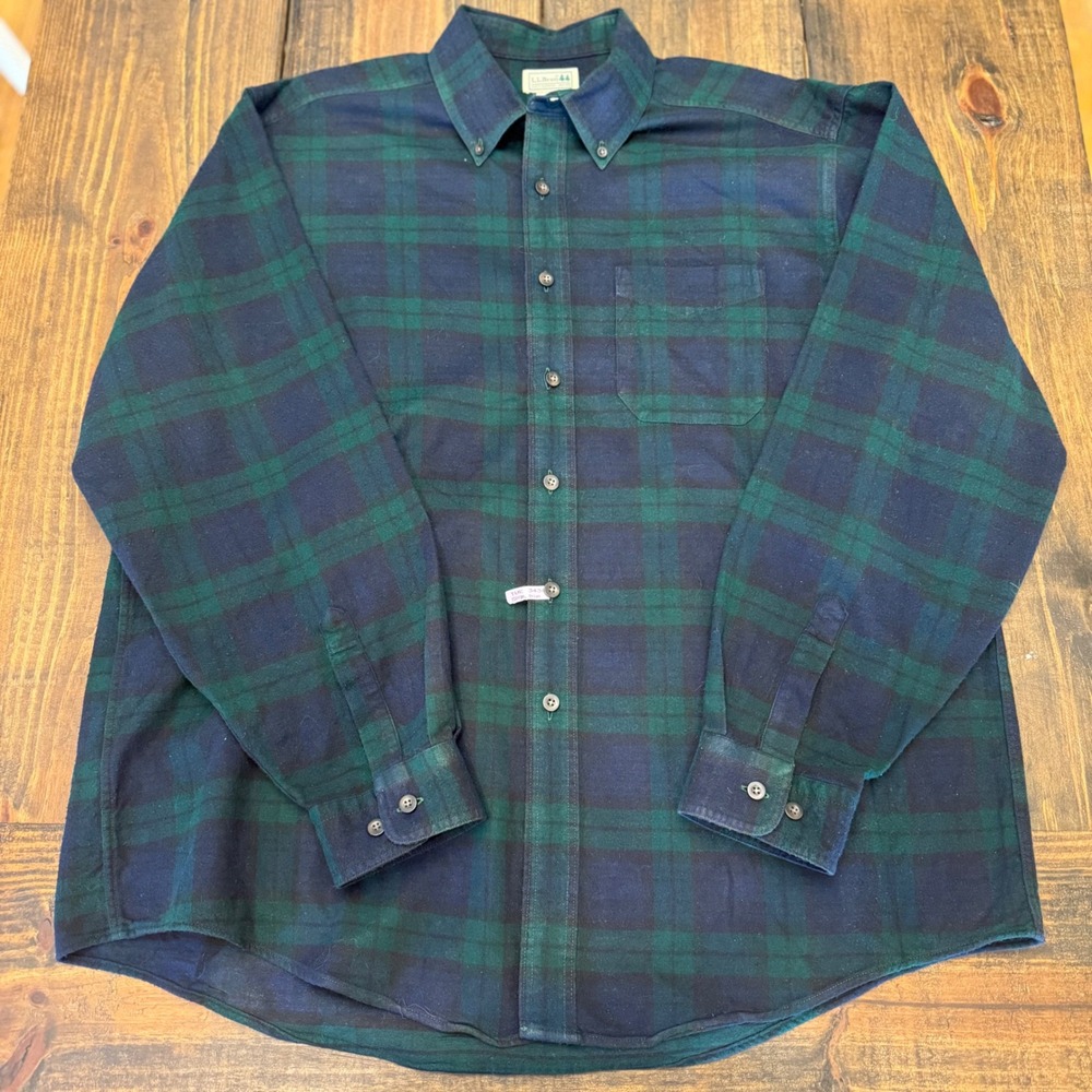 LL Bean Mens XL Regular Black Watch Plaid Flannel Button Down Shirt Navy Green